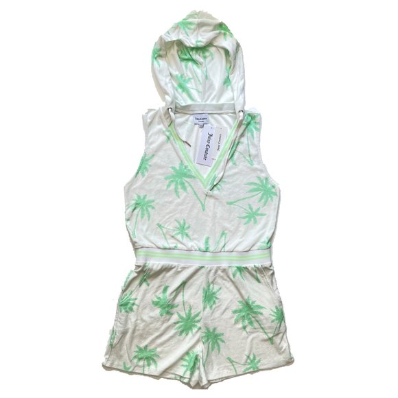 NEW Juicy Couture Hooded Sleeveless White Romper, Surf Green Palm Print, Size L - Picture 6 of 16